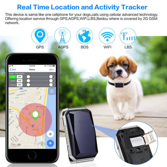 Waterproof GPS Tracking Collar for Pets- USB Rechargeable, Real-Time Location Tracking